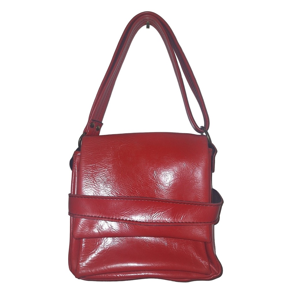 Vintage Red Glossy Faux Leather Shoulder Bag Accordion Flap Purse Brass Hardware